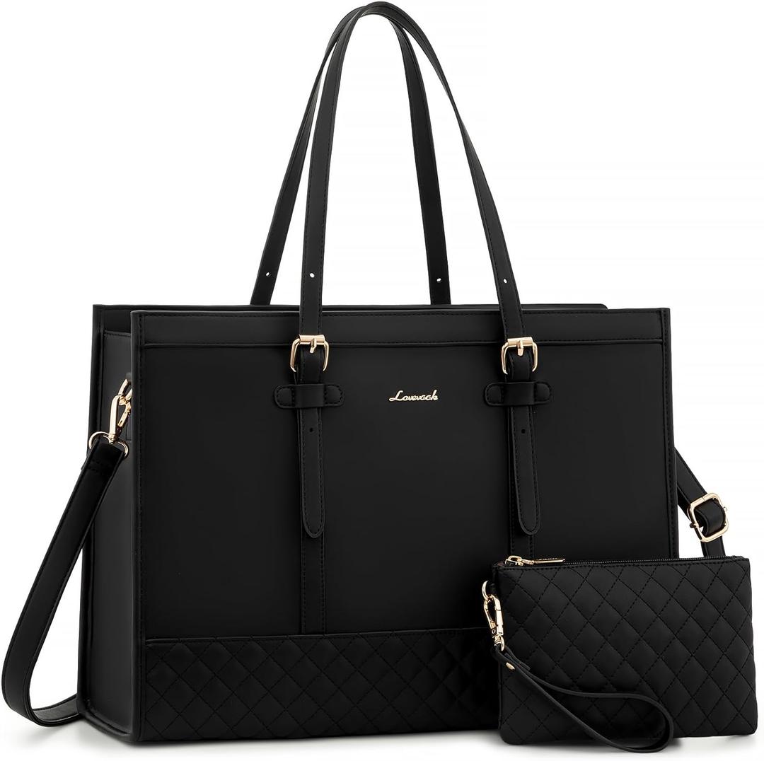 LOVEVOOK Laptop Tote for Women, 17.3 inch Waterproof PU Leather Computer Bag, Large Capacity Work Tote, Black
