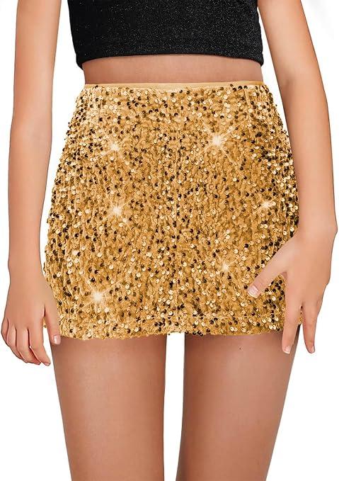  Women's A Line Sequin Skirt Mid Rise Fitted Mini Skirts Party Glitter Skirt, Small