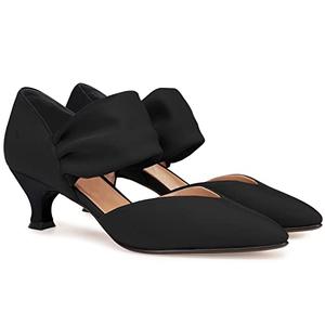 Coutgo Womens Low Kitten Heel Dress Shoes Pointed Toe Slip on Ankle Strap Cutout Elegant Party Wedding Pumps, Black, Size 7.5