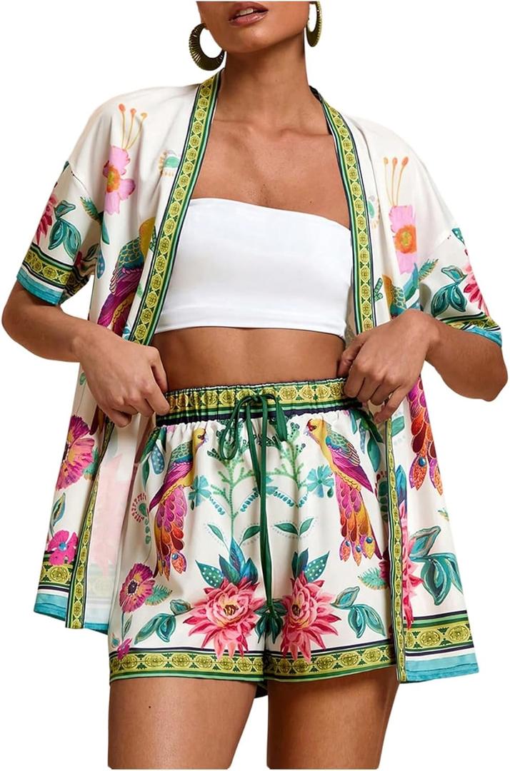MakeMeChic Women's Two Piece Sets Summer Tropical Vacation Outfits Boho Floral Kimono Tops Shorts Set (Multicolor) XS