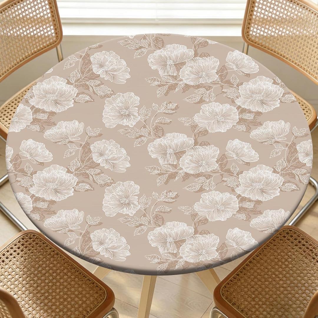 Round Fitted Table Cover with Elastic Fits 46"-50" Round Tables | Polyester Waterproof Stain-Resistant Wipeable Outdoor Tablecloth for Camping, Picnic, Dining, Indoor, 52"