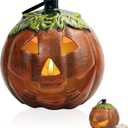 Cast Iron Jack O Lantern Candle Holder, Lighted Pumpkin Decor for Outside, Faux Pumpkin Lantern for Porch, Patio & Tabletop Halloween Decoration