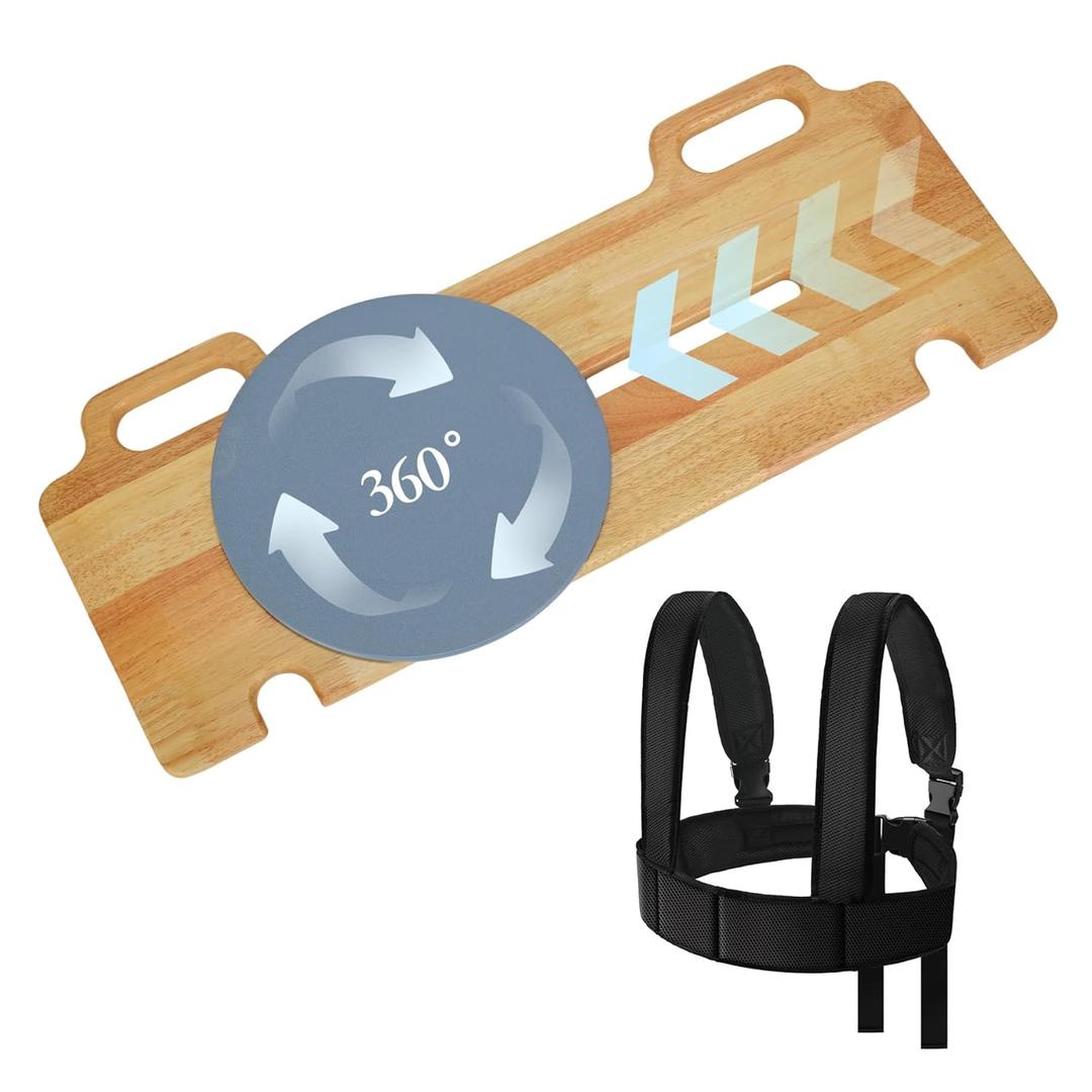 Slide Transfer Board with Turntable-Include Wheelchair Safety Belt, Safe and Effortless Assist for Seniors and Rehabilitation Users, Wheelchair to Bed/Toilet/Car/Chair, 29.5" x 12.1" x 0.8" (Rectangle)