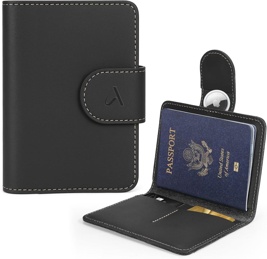 ALLIVE Passport Holder for Travel, Genuine Leather Passport Holder with AirTag Hidden Pocket, Rfid Blocking Passport Cover Travel Wallet for Women Men, Airport Essentials Gift (Black)