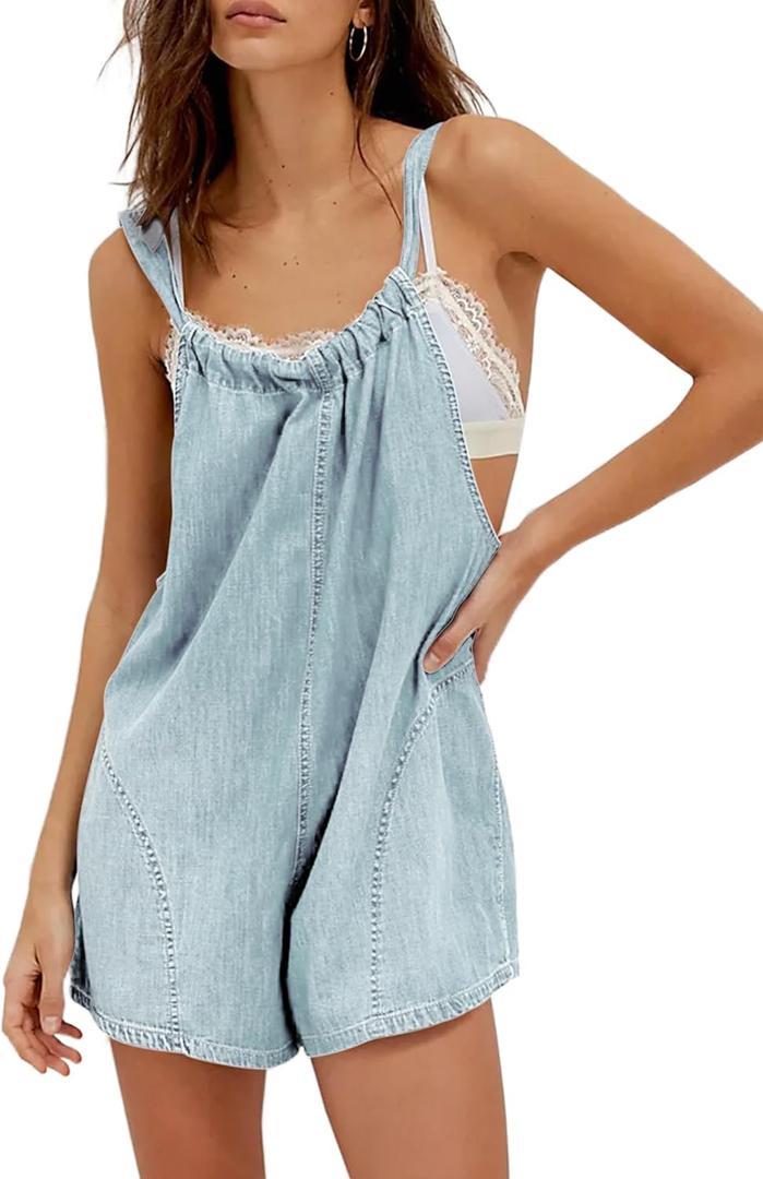 Denim Romper Overall Shorts for Women Adjustable Strap Tie Backless Jean Rompers Bib Shortalls with Pockets Summer (Large, Light Blue)