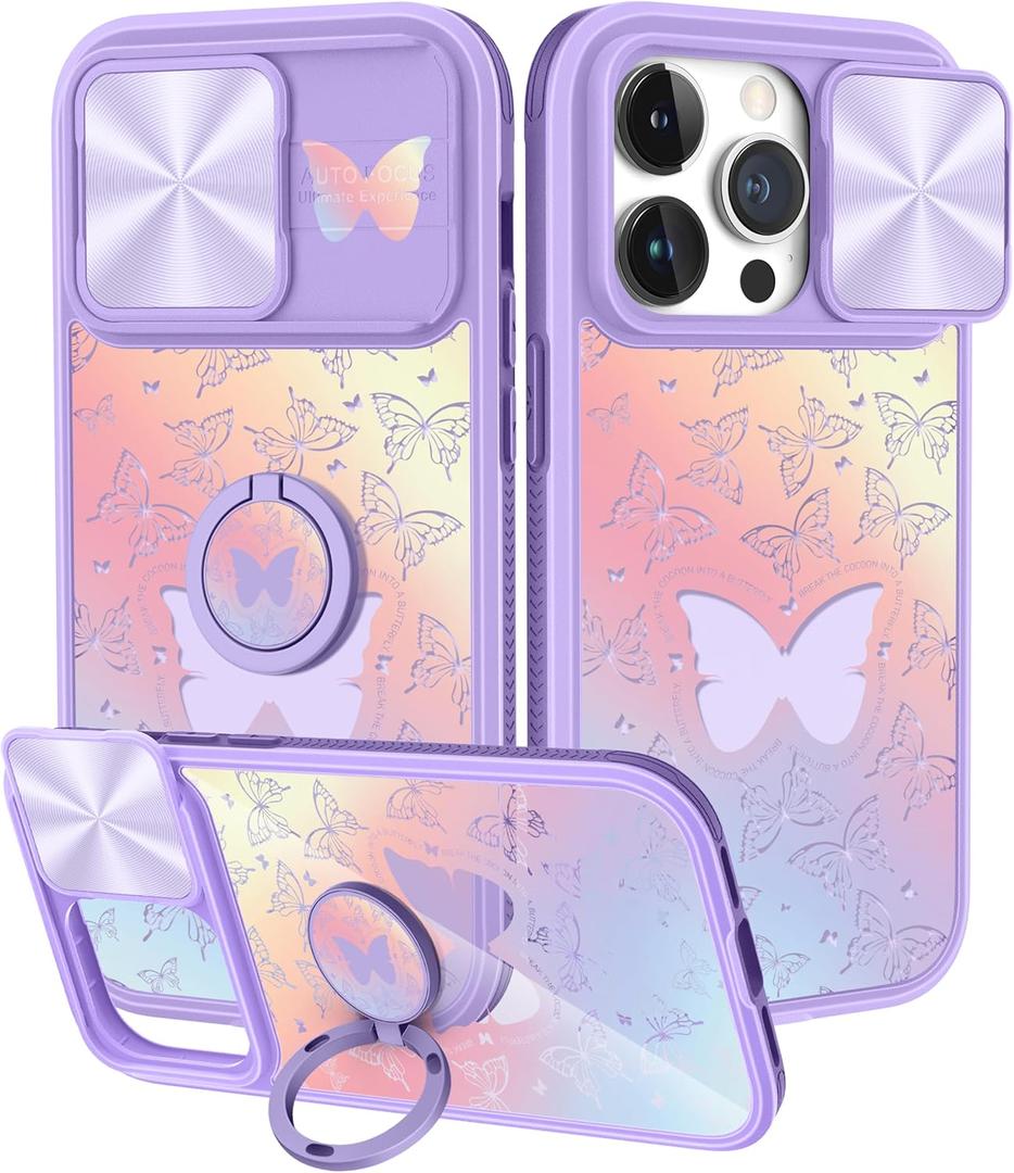 for iPhone 12 Pro Max Case with Slide Camera Cover, Butterflies Cases for iPhone 12 Promax with Ring Holder, Butterfly Stylish Aesthetic Designer Slim Protective Cover for 12 Pro Max