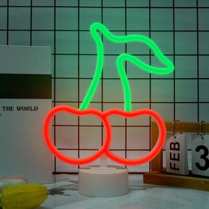 Cherry Neon Sign with Base for Wall Decor Red Green Cherry Lights LED Signs Gift for Women Fruit Shape Neon Signs Cereza Birthday Party Home Living Room Decoration USB/Battery Powered