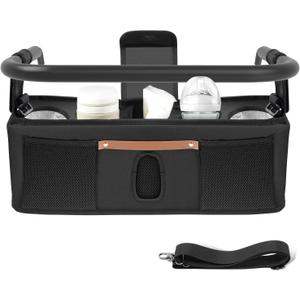 Parent Console Stroller Organizer Compatible with Wonderfold W4: Store Extra Belongings , Velcro Straps, 2 External Storage Pouches,4 Insulated Cup Holders, Large Size for All 4-Seater Models