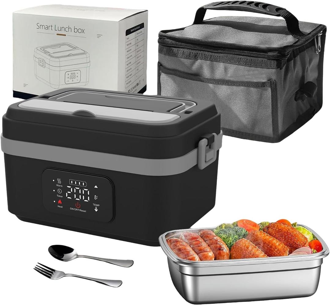 Heated Lunch Box with Battery, 1.3 L Adult Lunch Box with Stainless Steel Dishes and Insulated Bag, Rechargeable Electric Lunch Box with Timer and Function (D)