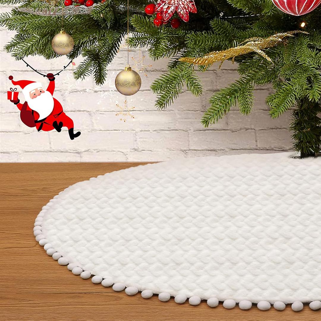 IMIKEYA Christmas Tree Skirt, 36 inches Luxury Faux Fur Christmas Tree Skirt, Beige Christmas Xmas Tree Skirt with Hand-Sewn Pompoms, Soft Thick Plush Tree Skirt for Christmas Tree Decorations