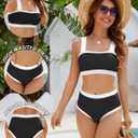 Women High Waisted Bikini Set- Color Block Two Piece Swimsuit Tummy Cotrol Bathing Suit Bandeau Top Coverage Bottom (Black, L)
