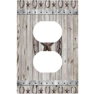 Rustic Western Wood Barn Door Horseshoe Iron Star Single Duplex Wall Plate Covers Light Switch Cover 1 Gang Outlet Plate Decorative Switchplate Covers Electrical Faceplate for Farmhouse Bedroom