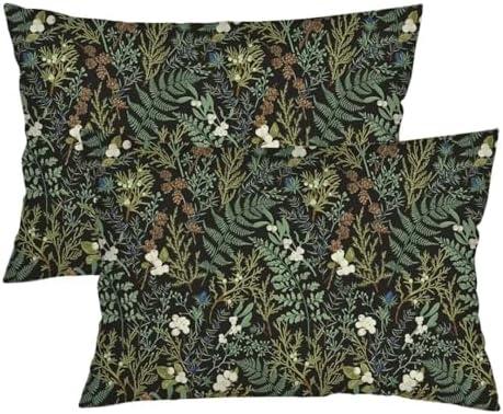 Green Plant Throw Pillow Cover Queen Size Set of 2 Black Green Botanical Leaf Pillowcases Vintage Floral Lumbar Pillow Case Standard Pillow Cases with Zipper Decorative Cushion Covers for Bed,20"x30"