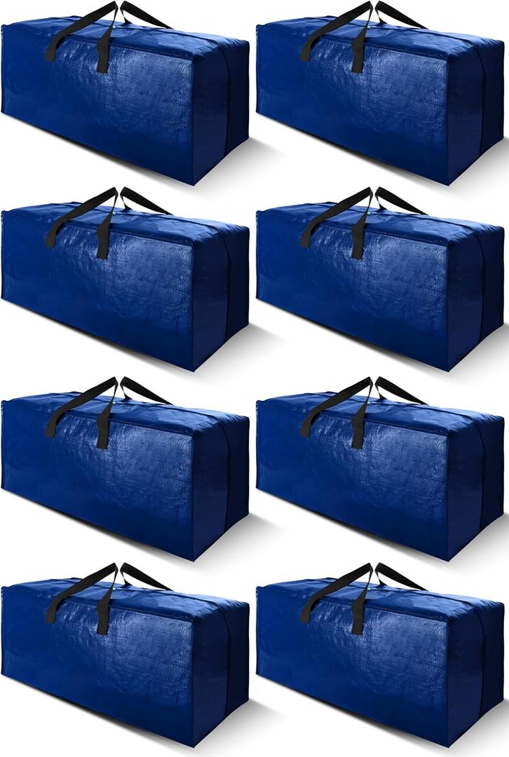Cosy Family 8 Pack Heavy Duty Extra Large Moving Bags with Backpack Straps - Strong Handles & Zippers, Storage Totes For Space Saving, Fold Flat, Alternative to Moving Box (Set of 8, Blue)