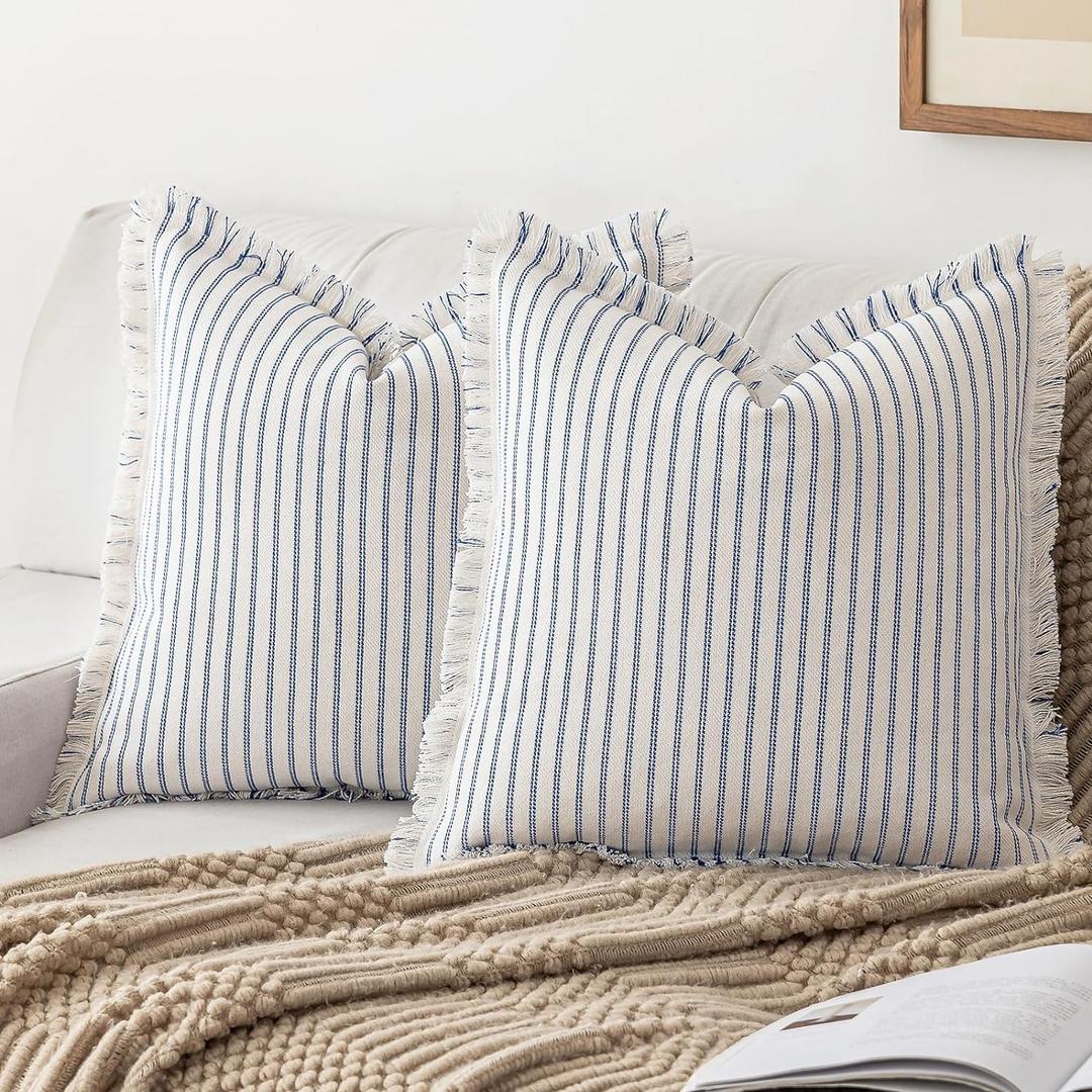 Throw Pillow Covers 20x20 Set of 2 Striped Fringe Pillow Cover Farmhouse Cushion Covers with Tassel Neutral Boho Pillows Decorative Square Pillowcase for Couch Sofa Bed, Blue