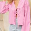 GORGLITTER Women's Plus Size Tie Front Tops Y2K Long Sleeve V Neck Going Out Coquette Blouses (Pink, XXL)