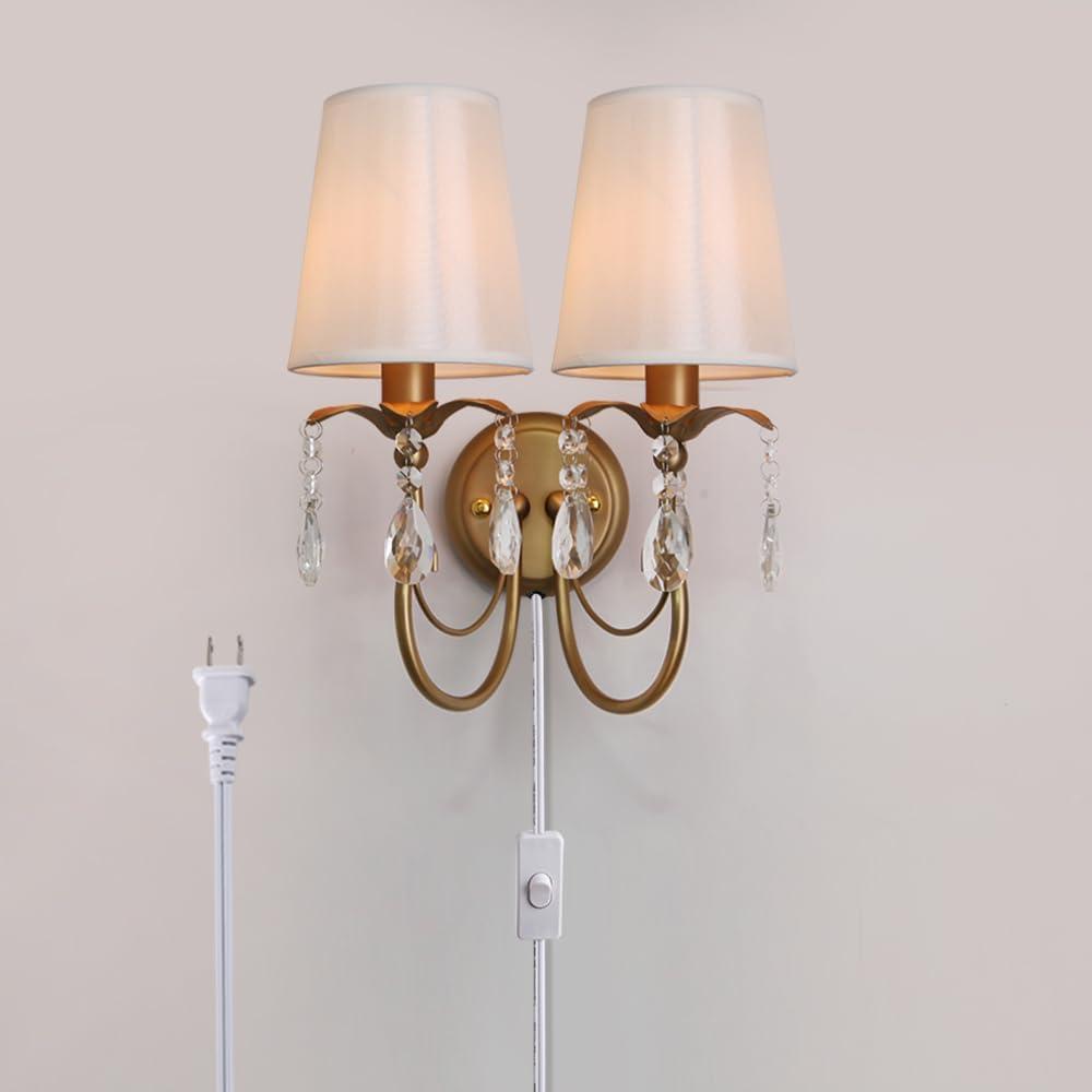 Sedelan Vintage Plug in Wall Sconces, Crystal Plug in Wall Sconce, Wall Light 2-Lights with Fabric Lampshade and Switch,Wall Lights for Bedroom Living Room,E12 Bulb Not Included