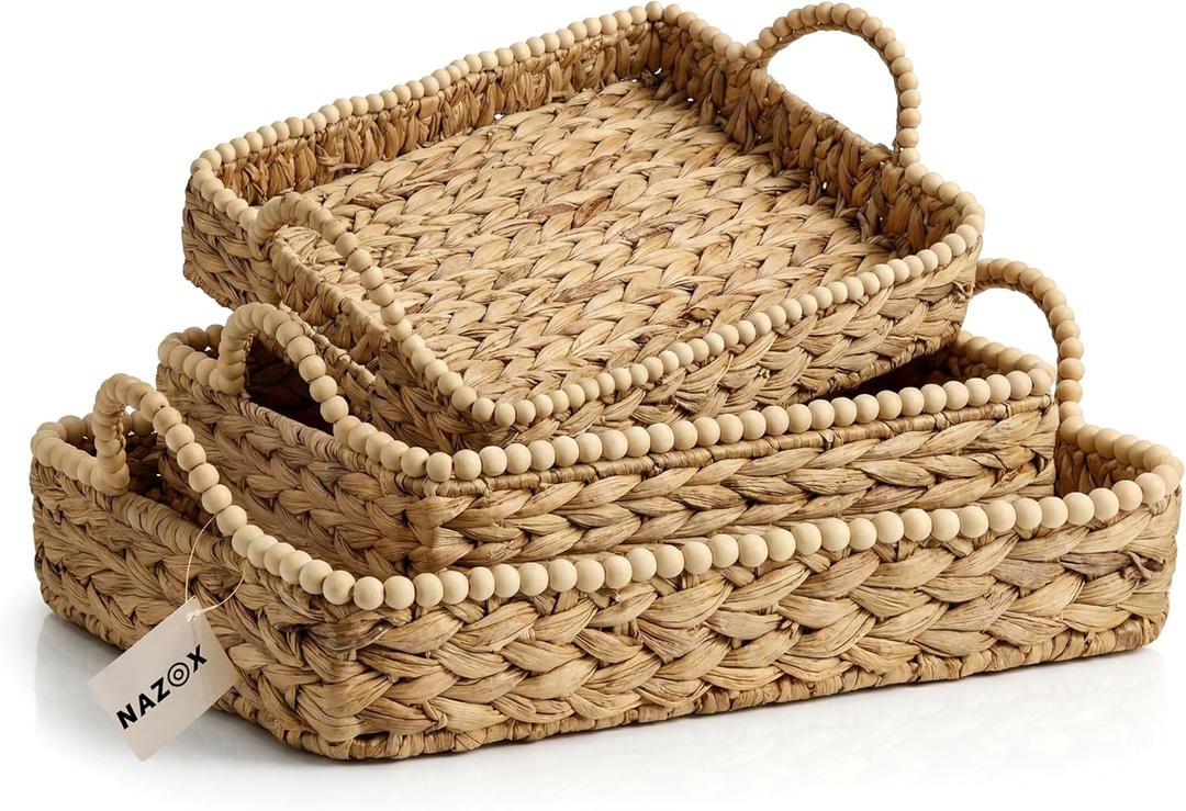 Handwoven Water Hyacinth Storage Baskets for Toilet, Living Room, Nursery Organization - Natural Rectangular Set of 3 Versatile Nesting Baskets with Scalloped Edge Design & Handles