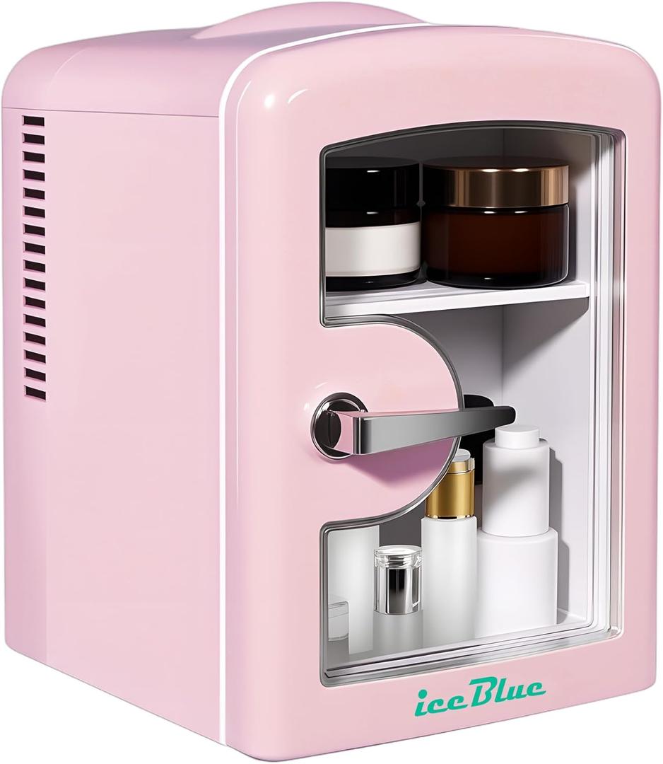 Iceblue Mini Fridge, Skincare Fridge with Viewing Window, 4 Liter /6 Cans Compact Mini Makeup Fridge for Beauty & Beverages, Tiny Fridge for Desk, Bedroom, Car, Office, Dorm, Gift - Pink