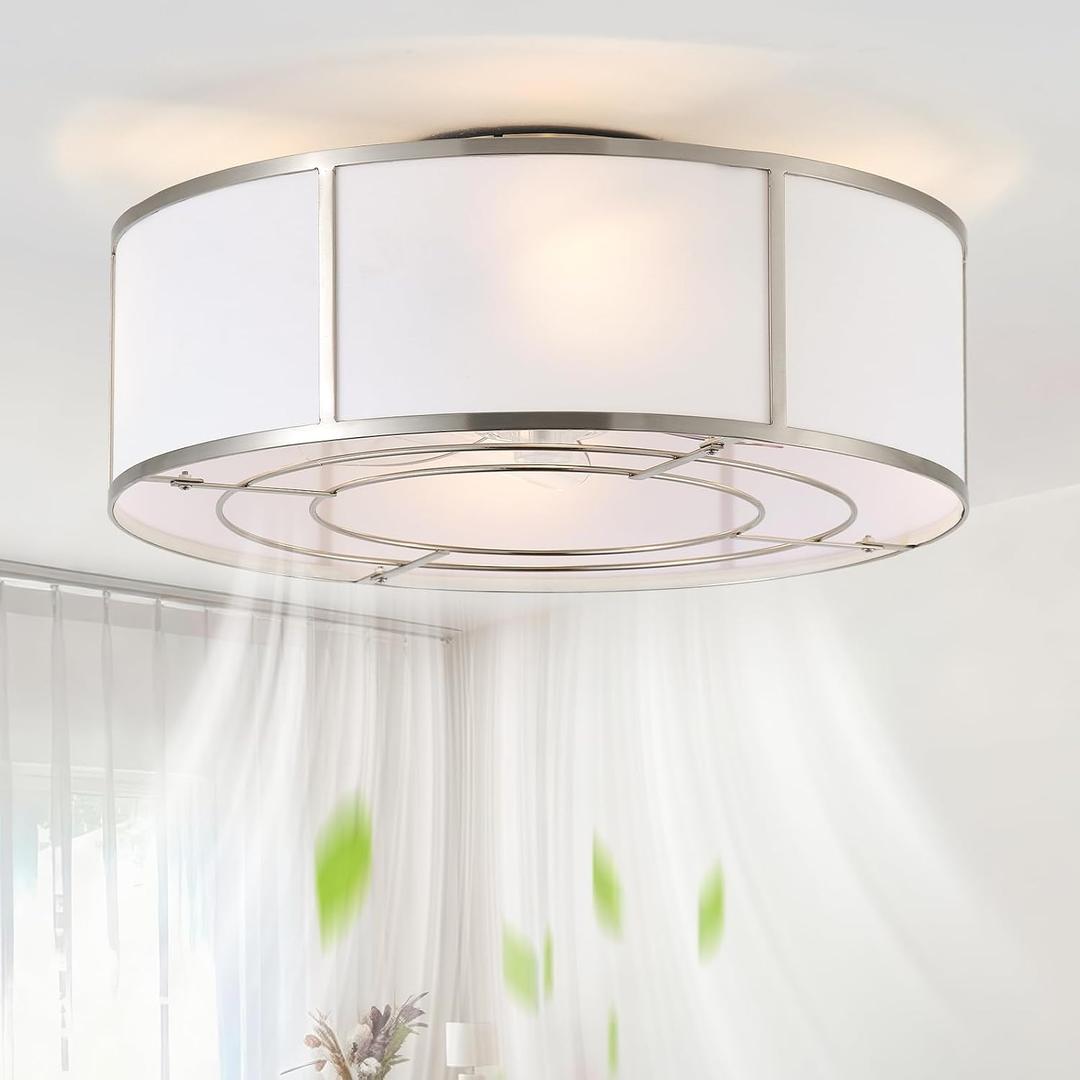Caged Ceiling Fans with Lights Flush Mount, Low Profile Ceiling Fan with Lights Remote Control, 20'' Modern Bladeless 6 Speeds for Bedroom, Nursery, Kitchen, Silver