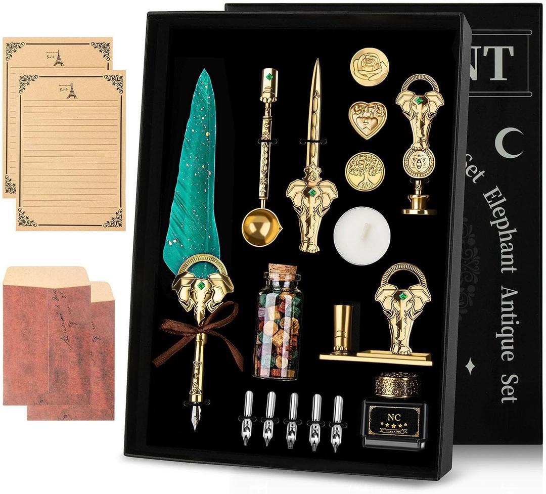 NC Feather Quill Pen Set - Calligraphy Ink Set, Dip Pen, Valentine's Day Gift, Holiday Ideal (Green)