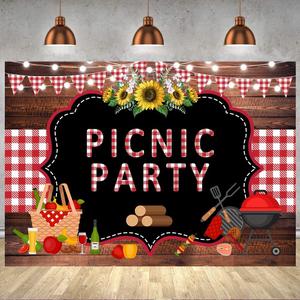 Withu Picnic Party Backdrop Wooden Red White Checkered Mat String Lights BBQ Photography Background Sunflower Outdoor Barbecue Decorations Banner Photo Booth Props 7x5ft