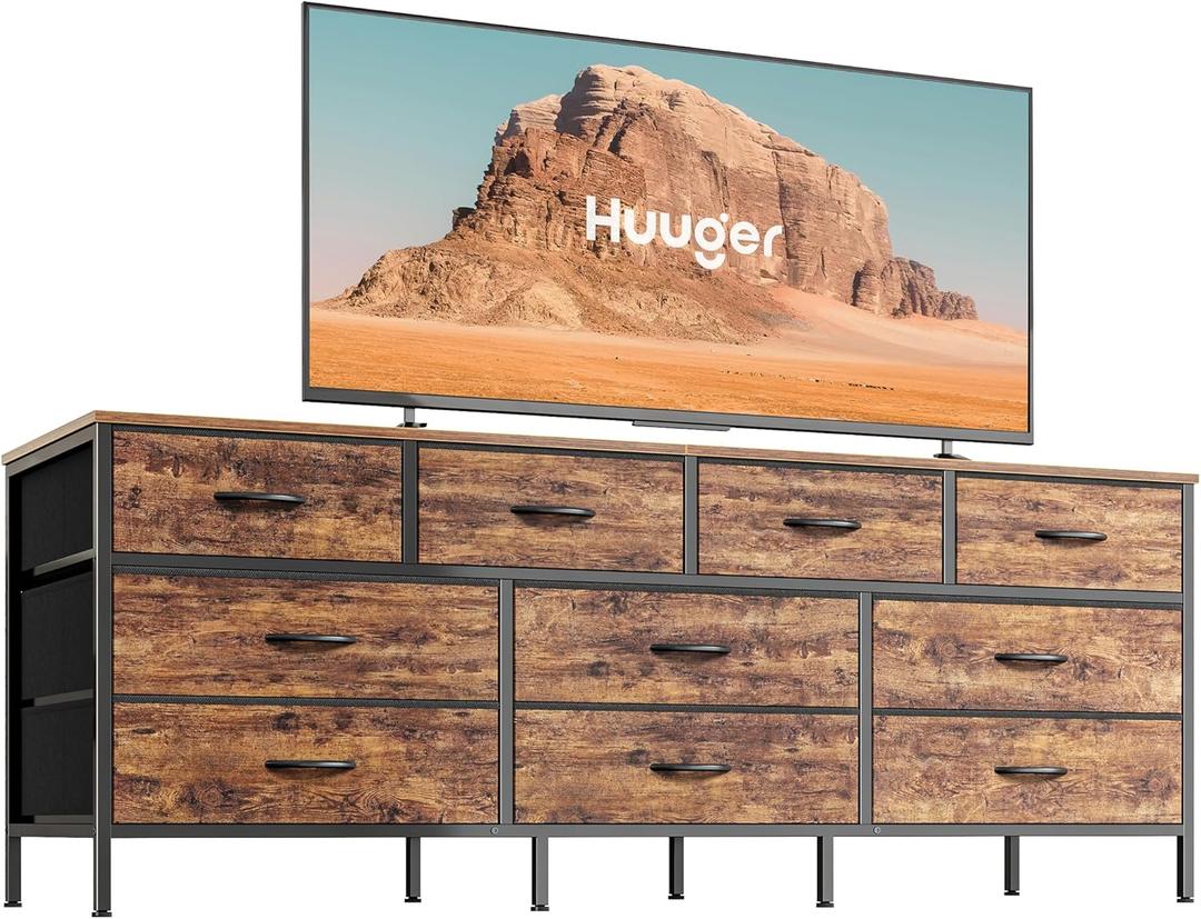 Huuger 63 Inch Dresser for Bedroom, Long Dresser with 10 Fabric Drawers, TV Stand for 55, 65, 70 Inch TV, Toy Storage Organizer for Closet, Rustic Brown