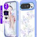 for Google 10/10 Pro Case+ Tempered Glass Screen Protector, Military Grade Protective Slim Soft TPU &Hard PC, Girls Women Crystal Clear Flower Pattern Case Cover for Pixel 10/10 Pro-Daffodils (Golden Shield Flower Series-Light purple/Daffodils)