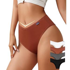 ASIMOON High Waisted Cotton Bikini Underwear for Women Stretch V Waist Cheeky Panties Ladies Comfy High Cut Panty 4 Pack,SizeL