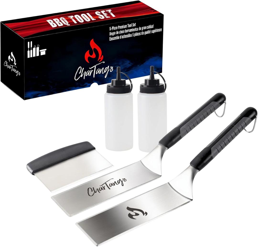 Blackstone-Compatible 5-Piece Griddle Spatula Set - 3mm Heavy-Duty Stainless Steel Tools w/ Scraper & 2 BPA-Free Oil Bottles - Fits Blackstone/Camp Chef - Ideal for Hibachi, Camping BBQ & Grill Gift