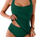 Eomenie Womens Halter Tankini Bathing Suit Ruched Tummy Control Two Piece Swimsuit with Bottom (Small, Dark Green)