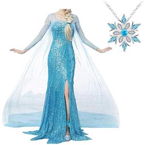 Choadam Princess Coronation Dress Snow Queen Adult Women Cosplay Wig Necklace Costume Cosplay Halloween Blue, S=2-4 size