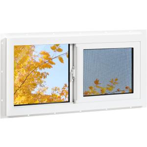 Vinyl Basement Window, 32" x 16" Bathroom Sliding Window with Double Pane Insulated Tempered Glass and Fiberglass Screen for Basement, Bathroom, Shed (White)