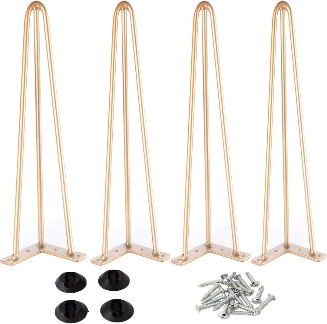 Osring 34 Inch Hairpin Table Legs with 1/2" Dia 3-Rods, Heavy Duty Metal Hairpin Furniture Leg for Coffee Table and Patio Bench, Gold Furniture Feet with Floor Protectors for Home DIY Project, 4 Pack