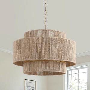 Siljoy 24 Boho Rattan Chandelier, Farmhouse Dining Room Chandeliers with 3-Tier Hand Woven Shade, 5-Light Gold Chandeliers for Living Room, Bedroom, Kitchen, Hallway, Foyer