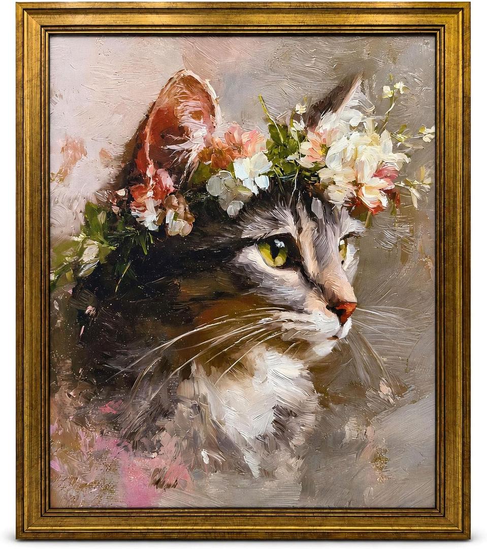 RunRRIn Vintage Gold Framed Wall Art,Wildflower Cat Canvas Print,16x20