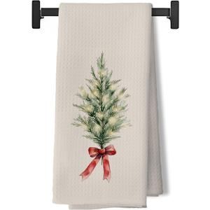 Vintage Christmas Evergreen Tree Kitchen Dish Tea Towels, Xmas Winter Botanical Holiday Decorative Hand Towels for Bathroom Kitchen, Christmas Bathroom Decor, 16x24 Inch (Color-3)