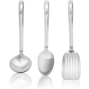 Our Table 3 Pieces Cook & Serve Stainless-Steel Utensils Set, Kitchen Soup Ladle, Cooking Spoon, Slotted Turner Spatula for Serving Your Favorite Meals