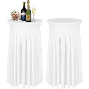 Cocktail Table Covers - 2 Pack 24"x 43" White Cocktail Table Tablecloth with Natural Wavy Round Skirt for Bar Wedding Party Banquet