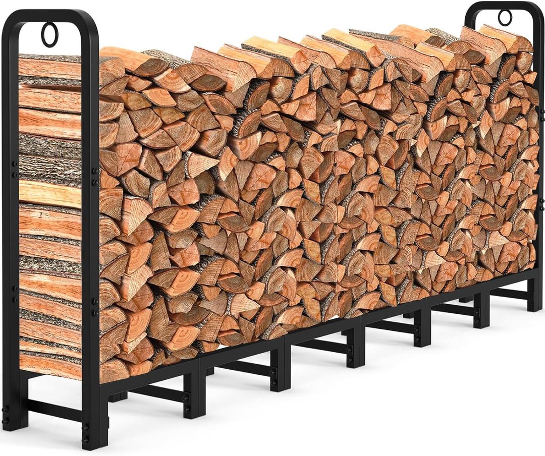 AMAGABELI GARDEN & HOME 8ft Firewood Rack Outdoor Heavy Duty Fire Wood Racks Outdoor for Firewood Log Holder Wrought Iron Firewood Log Racks Stand Wood Pile Lumber Storage Stacking , Black