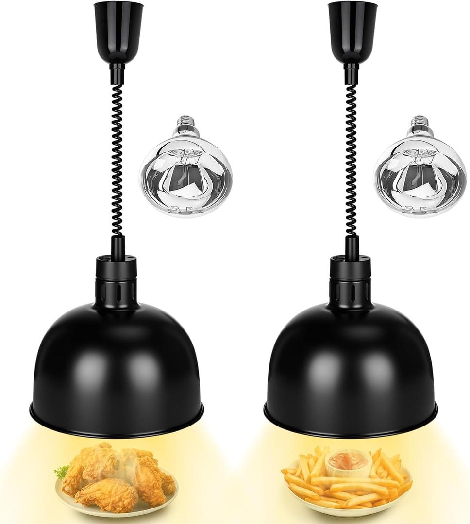 Nuanchu 2 Pack Hanging Food Heat Lamp Retractable with 250w Heating Bulb Commercial Infrared Food Service Warmer Fry Heating Light for Buffet Restaurant Kitchen Use(Black,Dia 29cm)