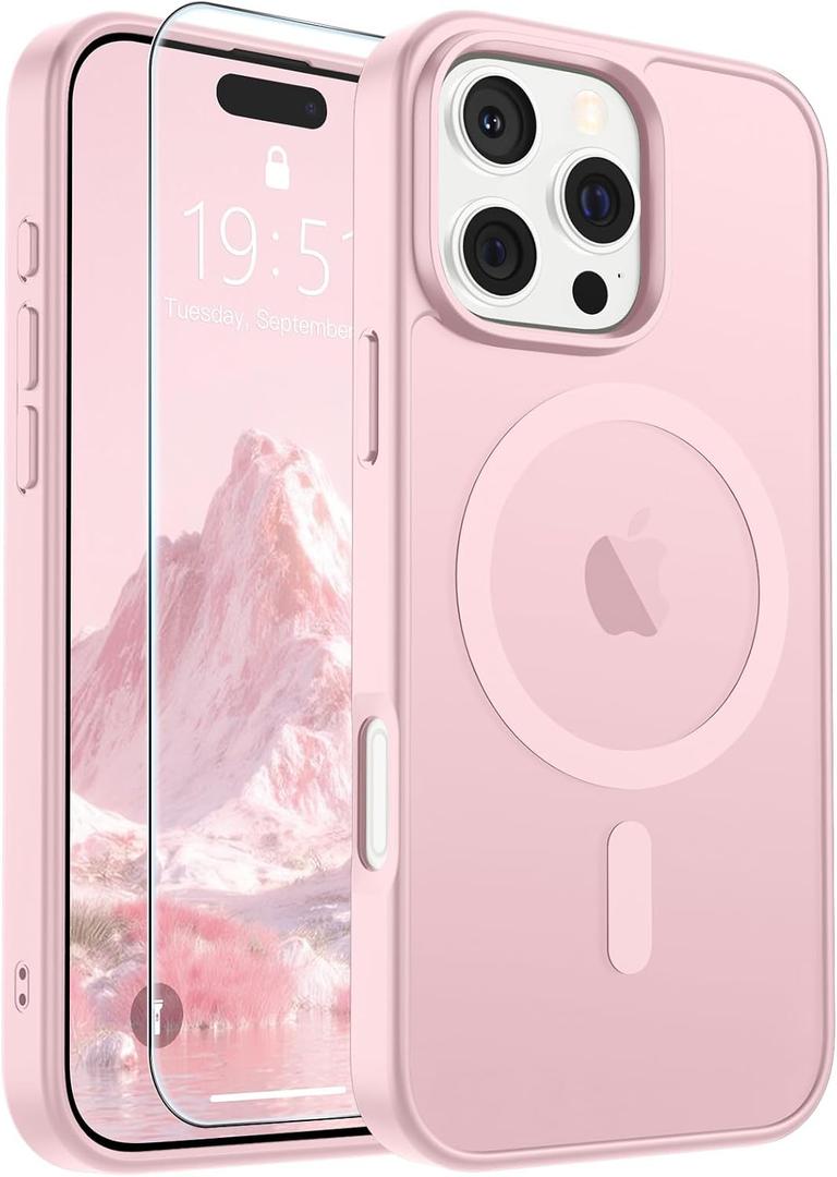 SUPFINE Magnetic for iPhone 16 Pro Case with Screen Protector (Compatible with MagSafe) (Military Grade Drop Protection) Translucent Matte Shockproof Phone Cover,Light Pink