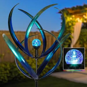 Lariander Outdoor Wind Spinners with Solar Light, 82'' Metal Large Spinner Yard Art, Peacock Blue Wind Sculptures for Garden Lawn Patio, Gifts for Family