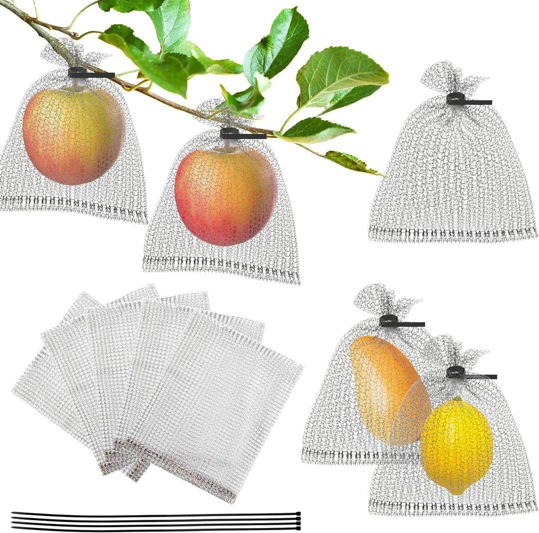 ZIFTY 25Pcs Fruit Protection Bags 6x8 Inch Wire Mesh Bags with100FT Bird Scare Tape and 30 Ties Netting Cover for Protecting Fruits and Vegetables, Plant Protectors from Animals