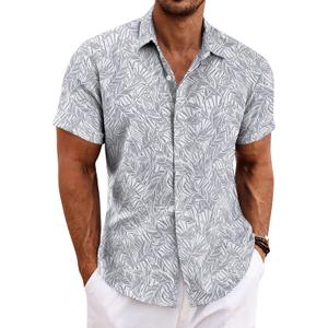COOFANDY Men's Linen Shirts Short Sleeve Casual Shirts Button Down Shirt for Men Beach Summer Wedding Shirt (Large, Leaf-grey)