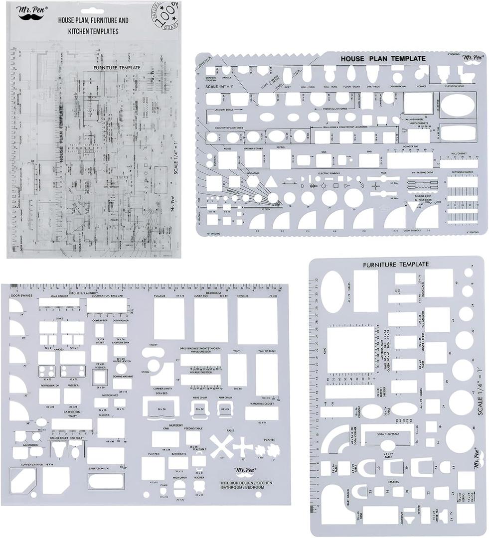 2 x Mr. Pen- House Plan, 3 pcs, Interior Design and Furniture Templates, Clear Flexible Plastic, Drafting Tools, Ruler Shapes for Architecture, 1/4 Inch Scale, Kitchen, Bath, Bedroom, Office, Living Room