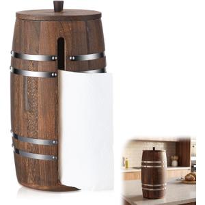 Solid Wood Paper Towel Holder for Countertop, 13.58" x 7.09" Barrel-Style with One-Handed Tear Design, Fit Most Standard Kitchen Paper Towel Rolls, Farmhouse Papers Towels Dispenser(Brown)