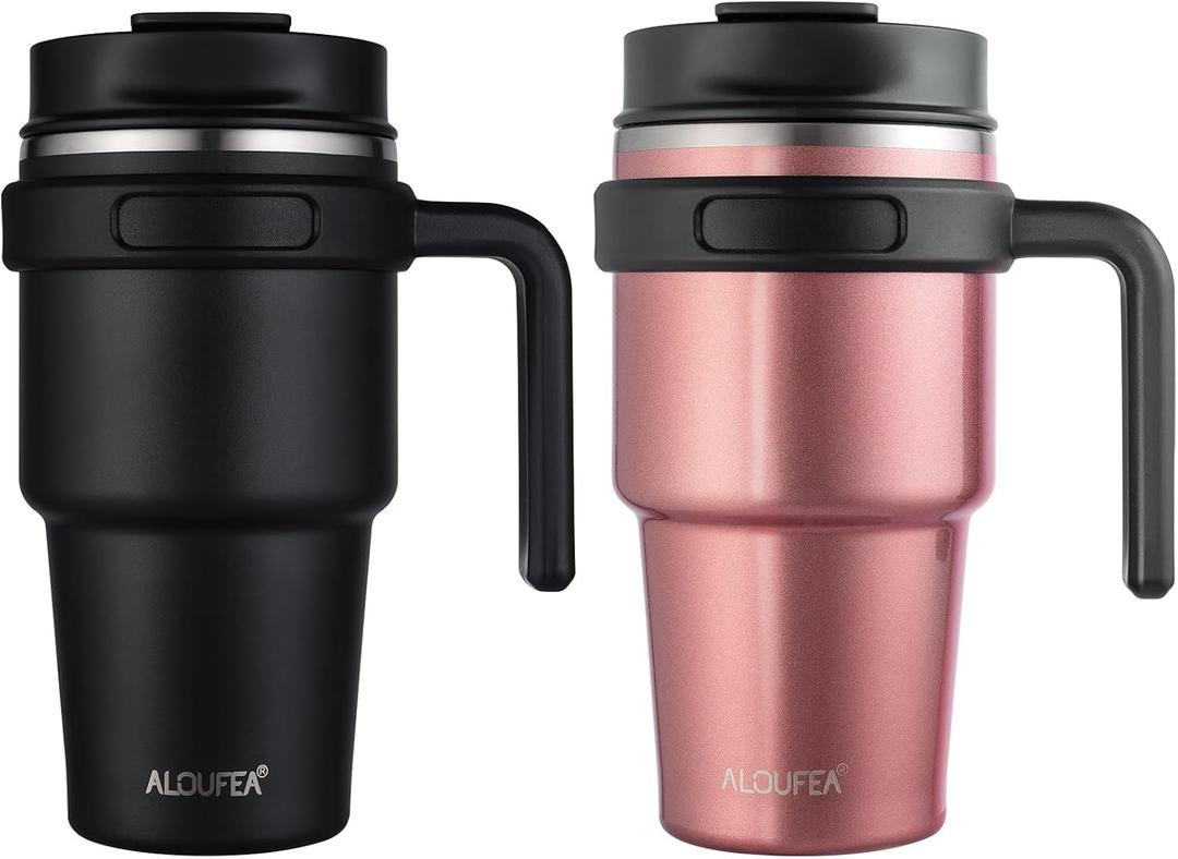 20 oz Insulated Coffee Mug Tumbler with Handle, Stainless Steel Travel Mug Tumbler with Lid and Straw,Double Wall Vacuum Leak Proof Ice Coffee Thermal Cup, Black/Rose Gold