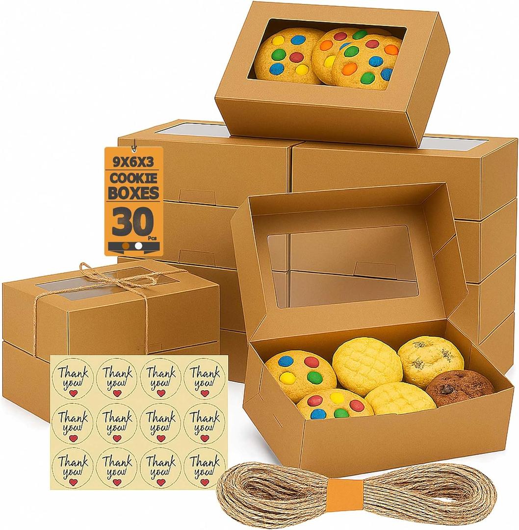 30 Pack Cookie Boxes with Window for Gift Giving  9x6x3 Inches Bakery Boxes - Small Cookie Containers for Treats, Desserts, Strawberries, Cupcake, Pastry, Charcuterie, Baked Goods (Brown)