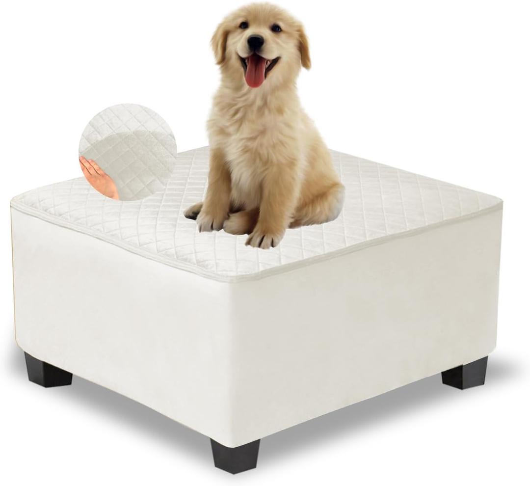 NeColorLife Waterproof Square Ottoman Cover,Thick Stretch Velvet Slipcover for Footstool,Non-Slip Soft Furniture Protector for Pets and Dogs,Beige,Small (S Length&Width:28"-32",Height:14"-20")